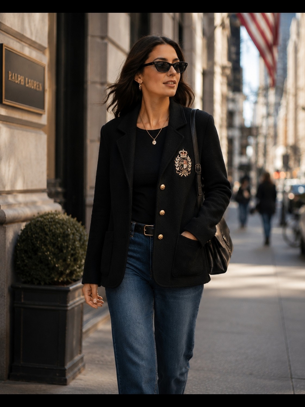 Ralph Lauren Black Crest-Embroidered Blazer with Gold Buttons